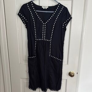 Boden navy blue linen dress with white accents